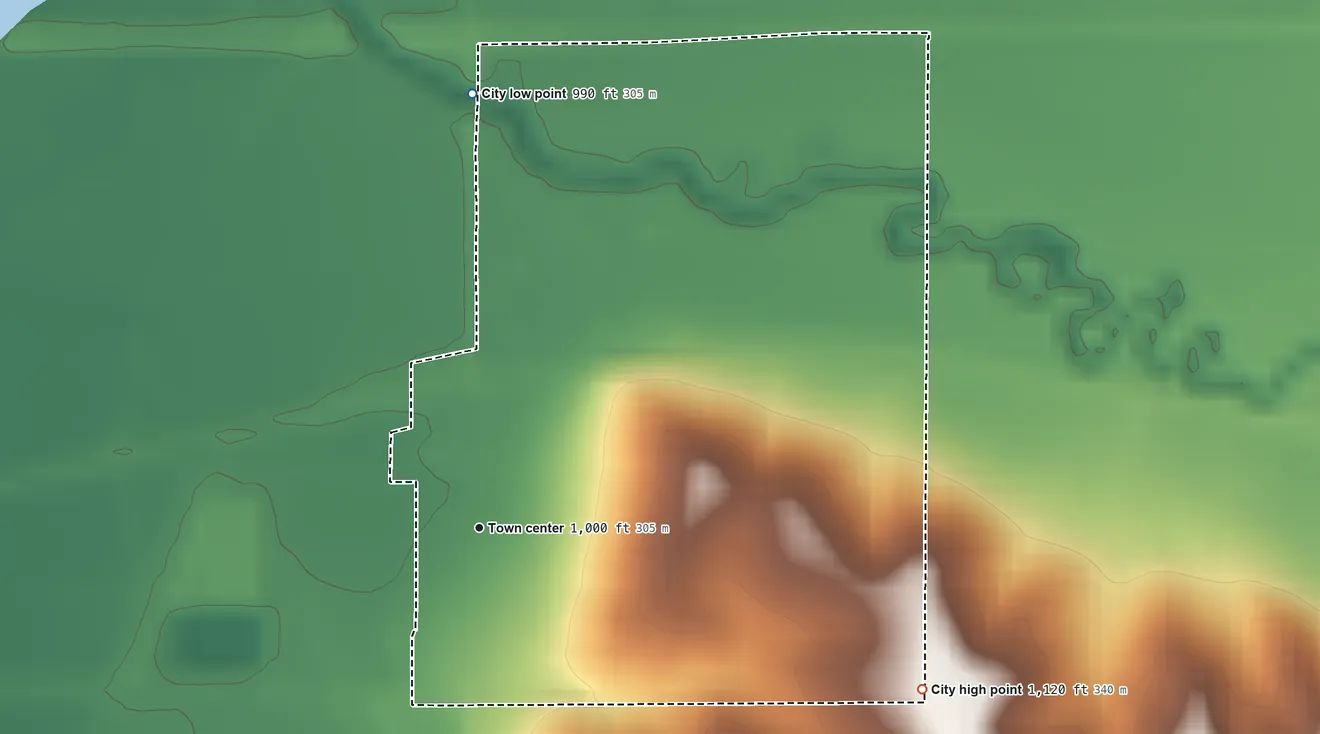 Topographic elevation map of Hastings, Iowa, shaded from 990 ft on the north side to 1,120 ft on the east side