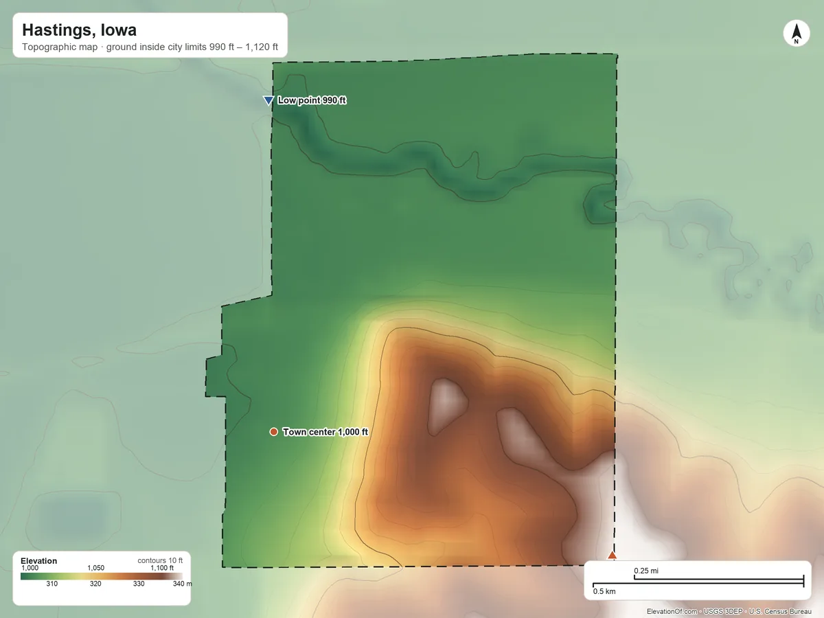 Topographic elevation map of Hastings, Iowa, shaded from 990 ft on the north side to 1,120 ft on the east side