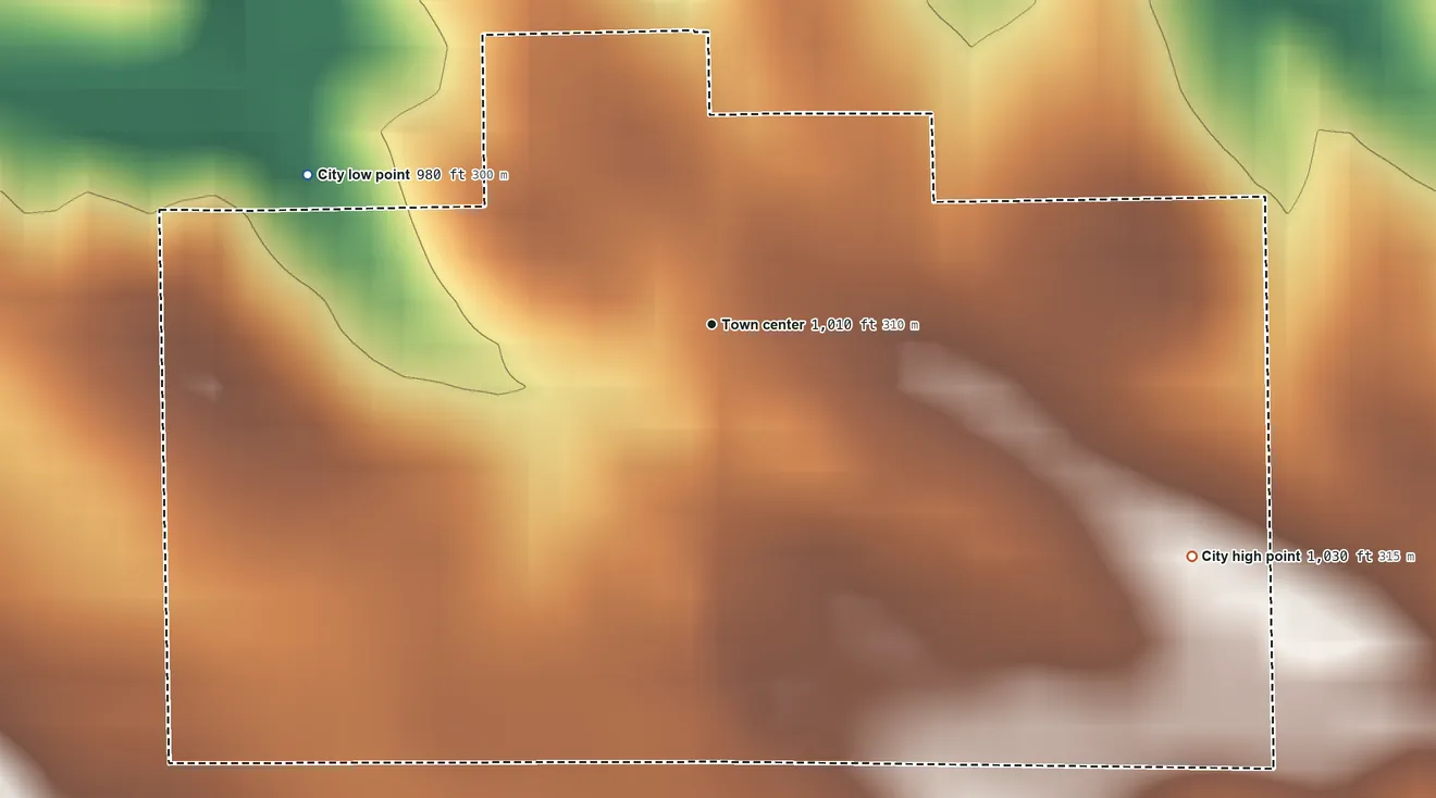 Topographic elevation map of Haverhill, Iowa, shaded from 980 ft on the west side to 1,030 ft on the southeast side