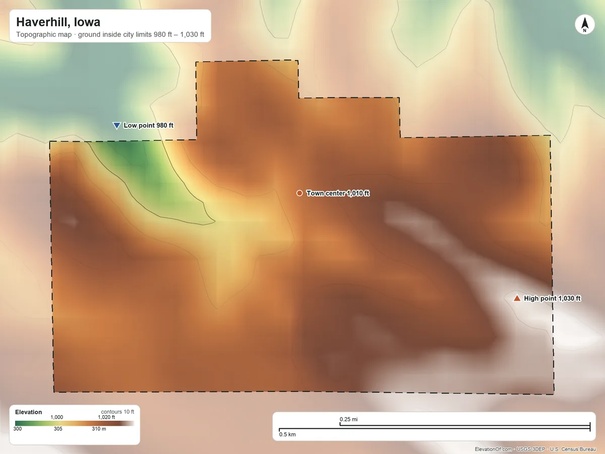 Topographic elevation map of Haverhill, Iowa, shaded from 980 ft on the west side to 1,030 ft on the southeast side