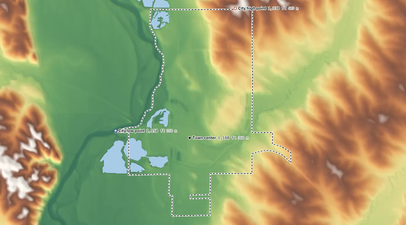 Topographic elevation map of Hawarden, Iowa, shaded from 1,150 ft on the west side to 1,330 ft on the north side