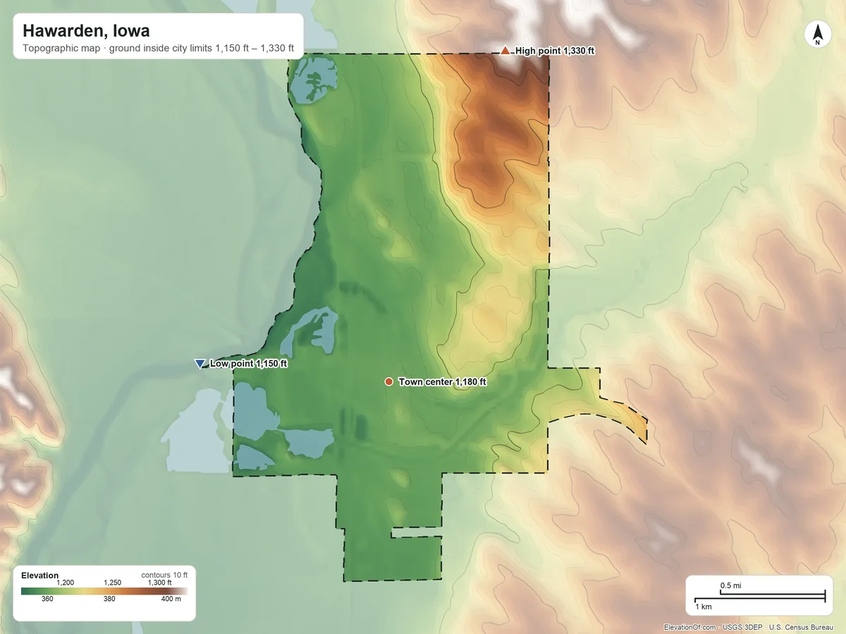 Topographic elevation map of Hawarden, Iowa, shaded from 1,150 ft on the west side to 1,330 ft on the north side