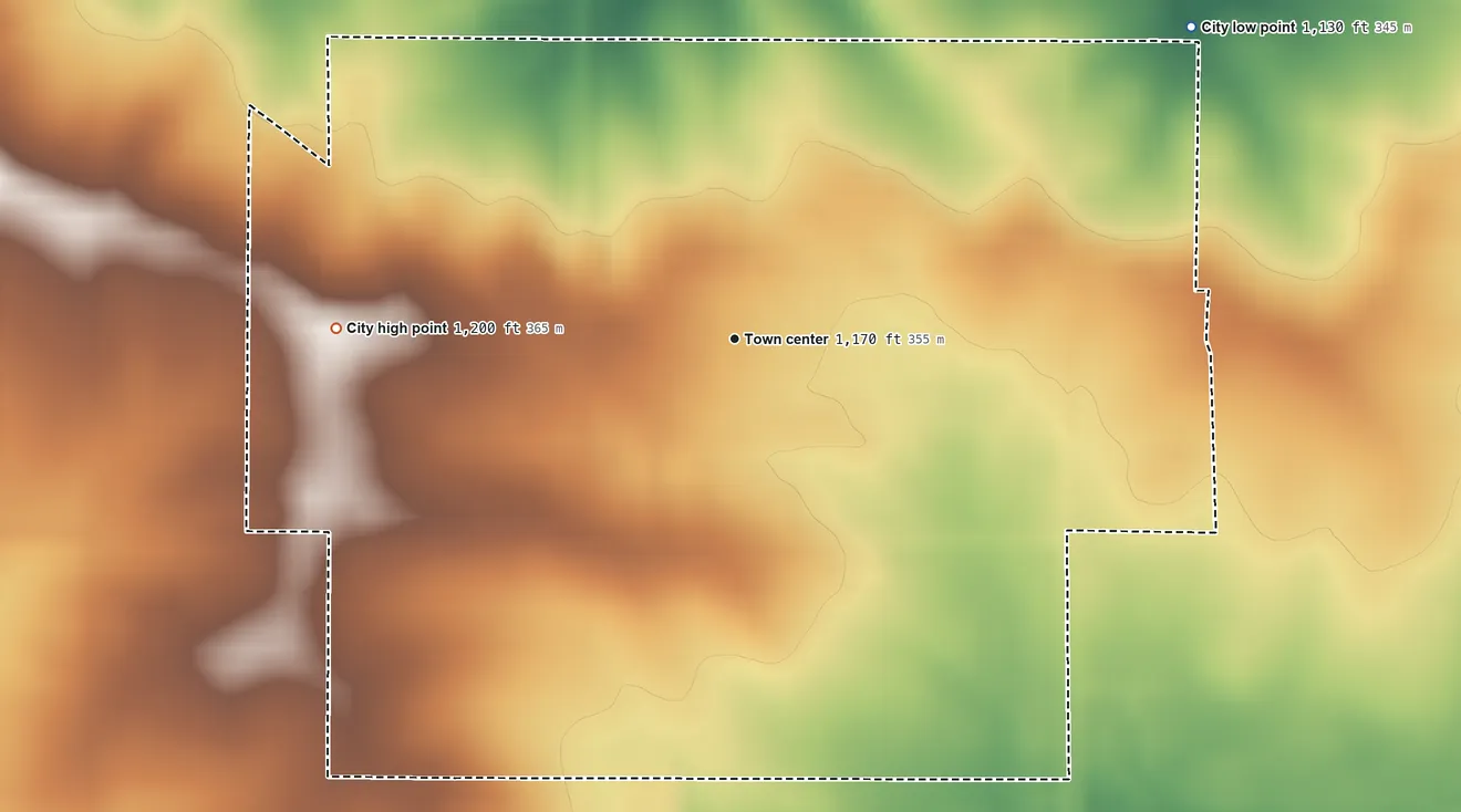 Topographic elevation map of Hawkeye, Iowa, shaded from 1,130 ft on the northeast side to 1,200 ft on the west side