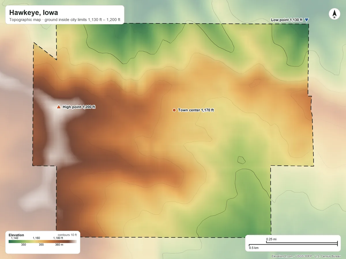 Topographic elevation map of Hawkeye, Iowa, shaded from 1,130 ft on the northeast side to 1,200 ft on the west side