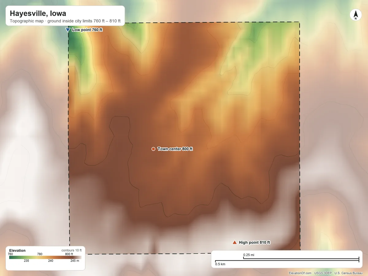 Topographic elevation map of Hayesville, Iowa, shaded from 760 ft on the northwest side to 810 ft on the southeast side