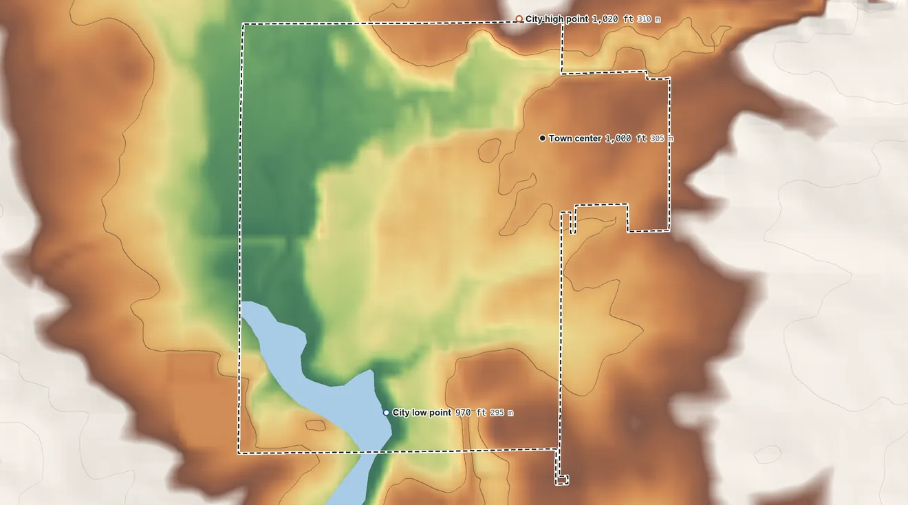 Topographic elevation map of Hazleton, Iowa, shaded from 970 ft on the southwest side to 1,020 ft on the north side