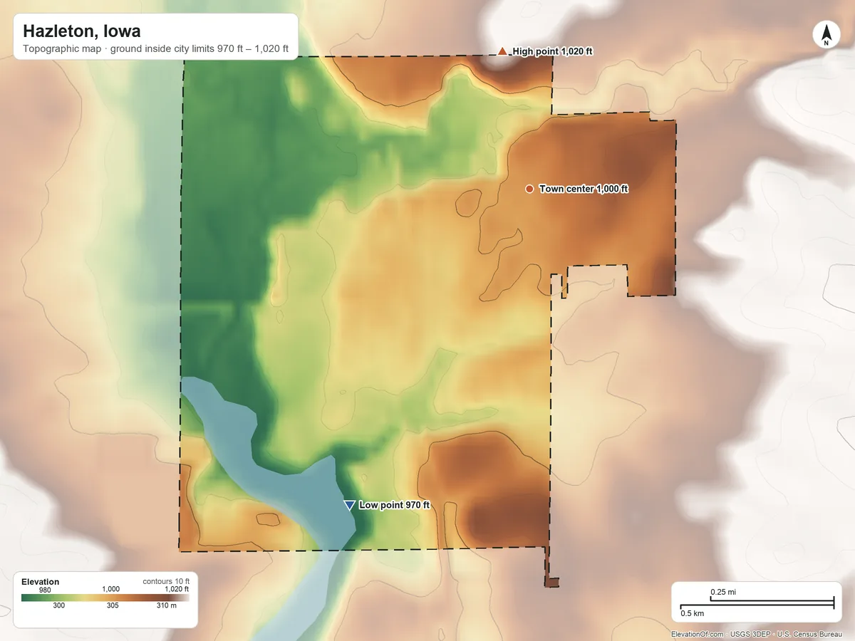 Topographic elevation map of Hazleton, Iowa, shaded from 970 ft on the southwest side to 1,020 ft on the north side