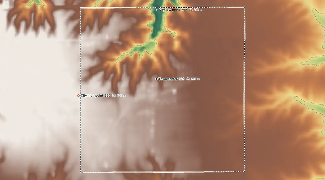 Topographic elevation map of Hedrick, Iowa, shaded from 790 ft on the north side to 820 ft on the west side