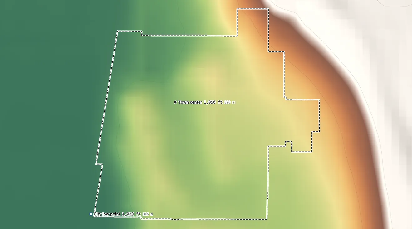 Topographic elevation map of Henderson, Iowa, shaded from 1,030 ft on the southwest side to 1,120 ft on the northeast side