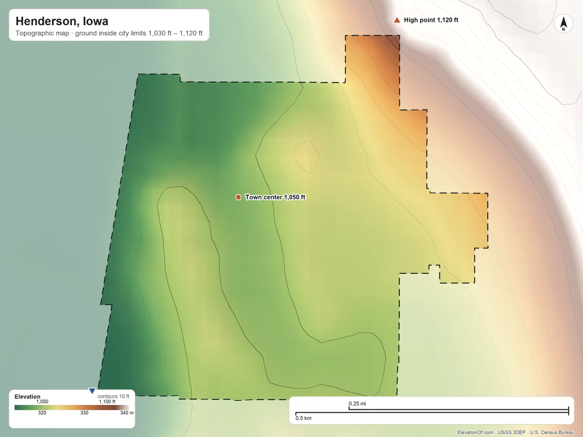 Topographic elevation map of Henderson, Iowa, shaded from 1,030 ft on the southwest side to 1,120 ft on the northeast side