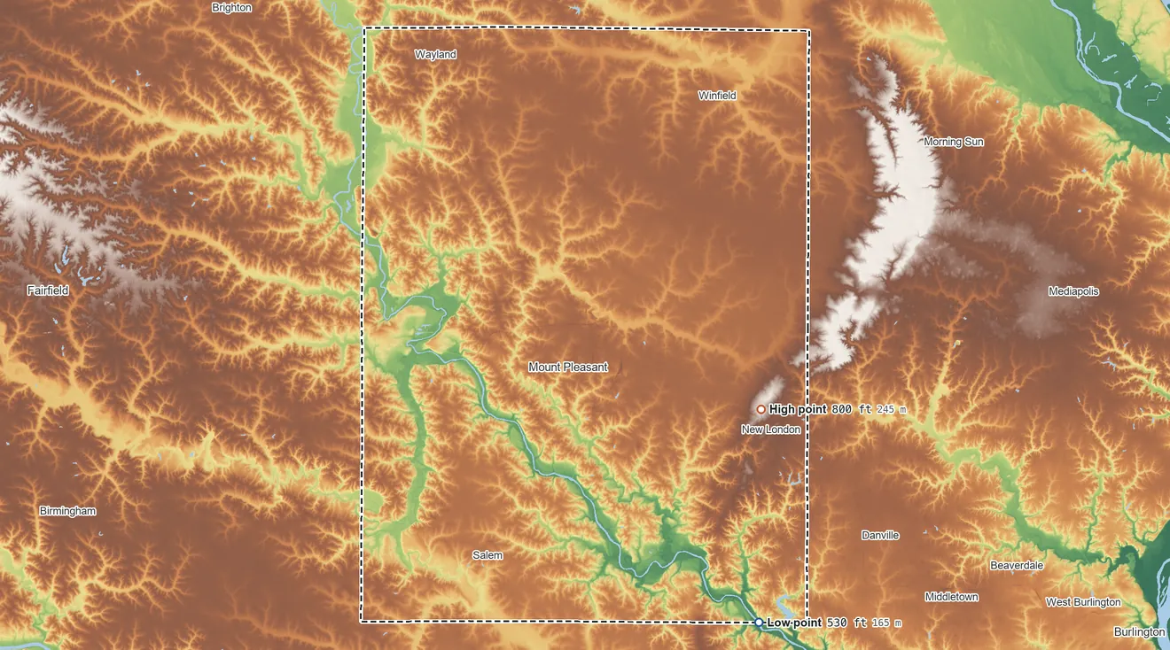 Topographic elevation map of Henry County, Iowa, shaded from 530 ft on the southeast side to 800 ft on the southeast side