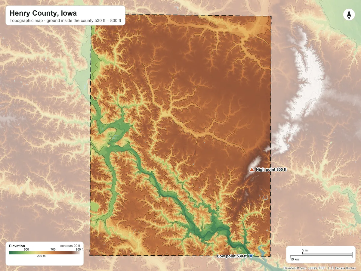 Topographic elevation map of Henry County, Iowa, shaded from 530 ft on the southeast side to 800 ft on the southeast side