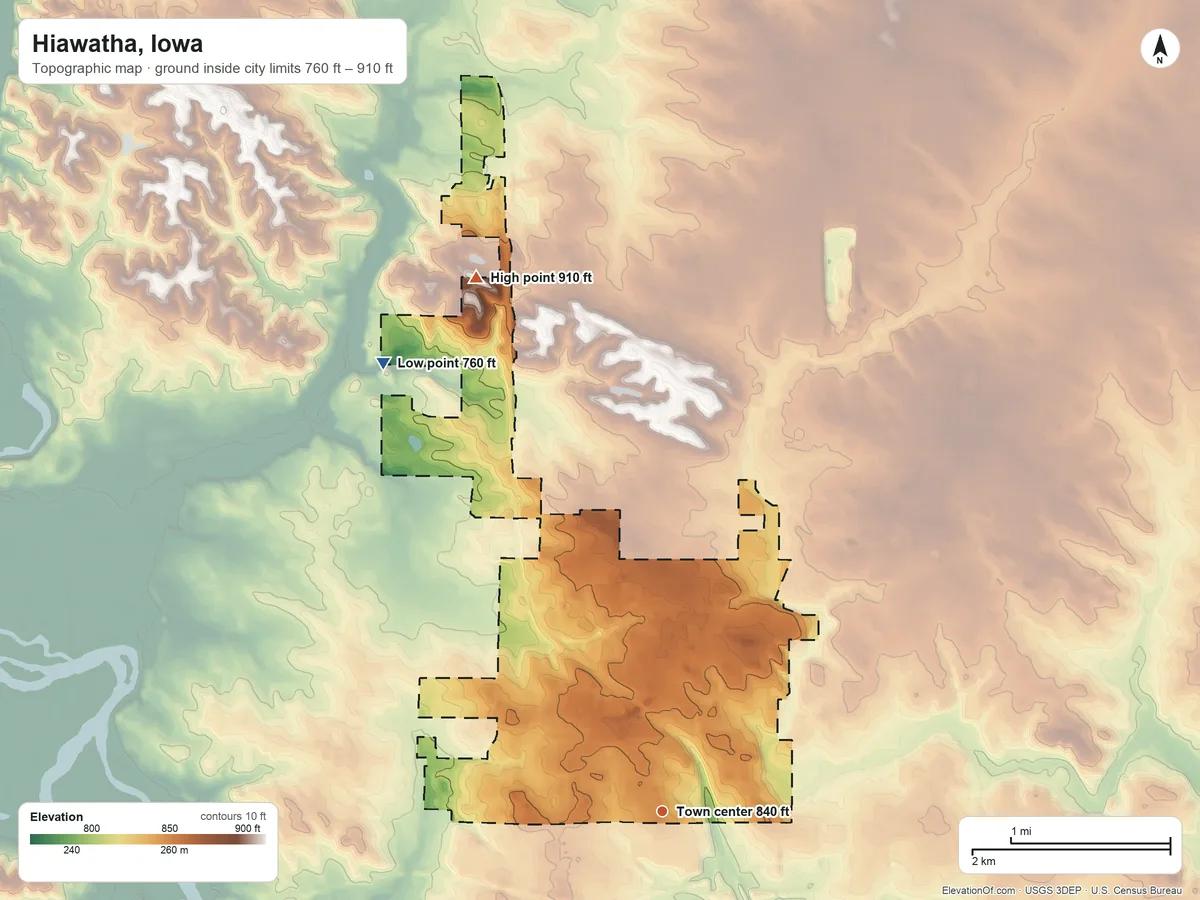 Topographic elevation map of Hiawatha, Iowa, shaded from 760 ft on the northwest side to 910 ft on the north side