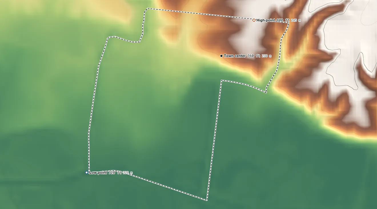 Topographic elevation map of High Amana, Iowa, shaded from 720 ft on the southwest side to 800 ft on the northeast side