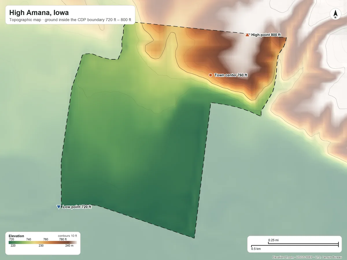 Topographic elevation map of High Amana, Iowa, shaded from 720 ft on the southwest side to 800 ft on the northeast side