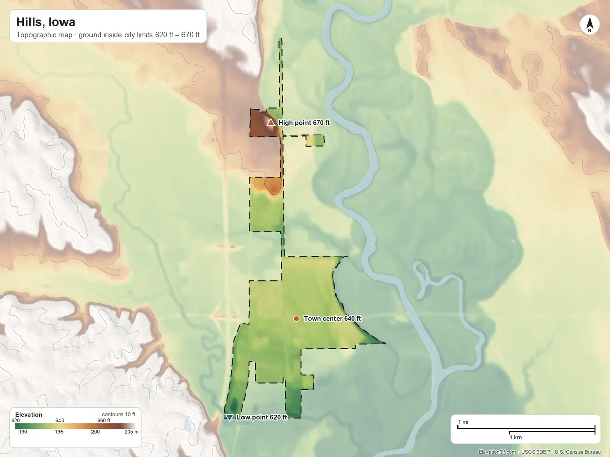 Topographic elevation map of Hills, Iowa, shaded from 620 ft on the southwest side to 670 ft on the north side