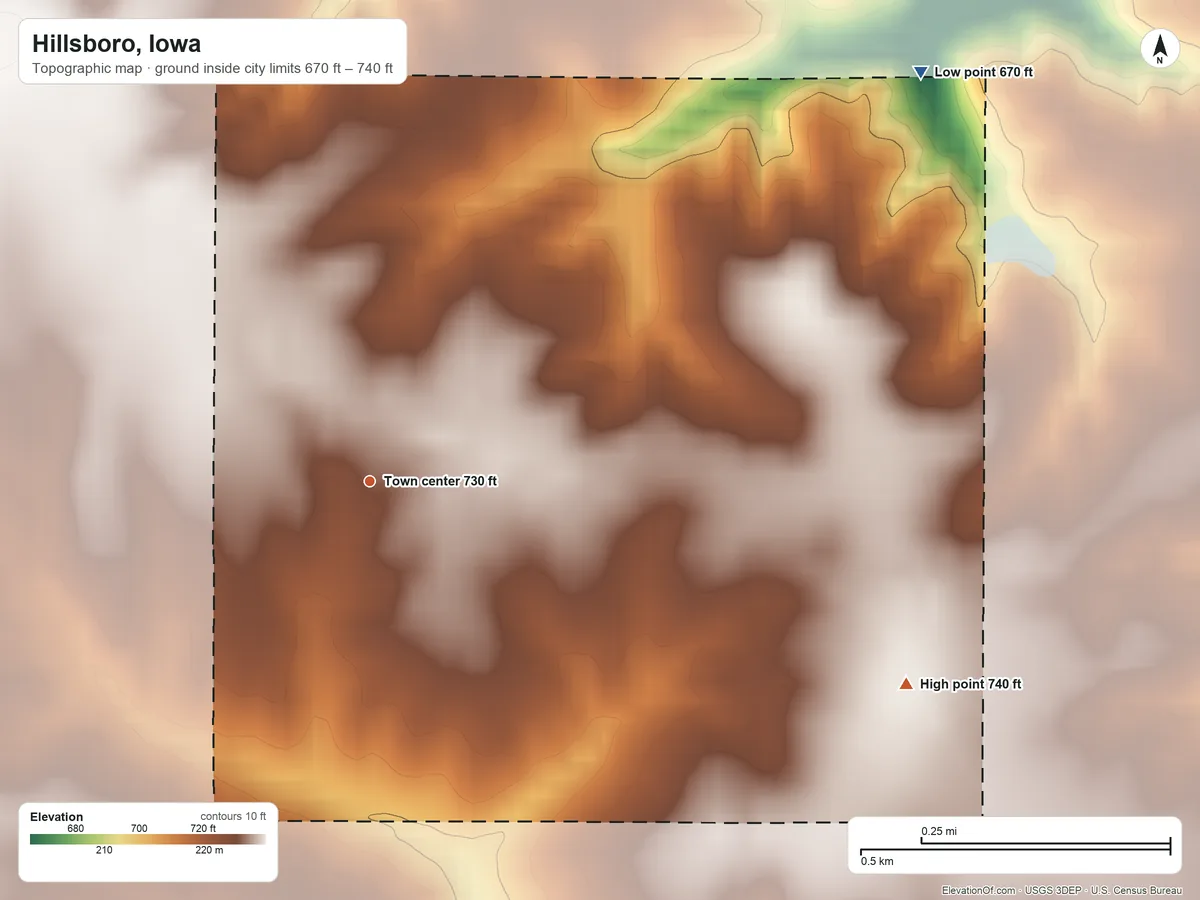 Topographic elevation map of Hillsboro, Iowa, shaded from 670 ft on the northeast side to 740 ft on the east side