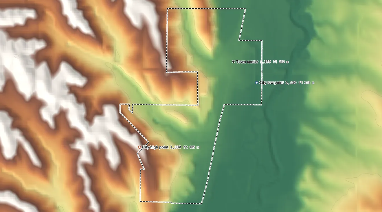 Topographic elevation map of Hinton, Iowa, shaded from 1,130 ft on the southeast side to 1,330 ft on the southwest side