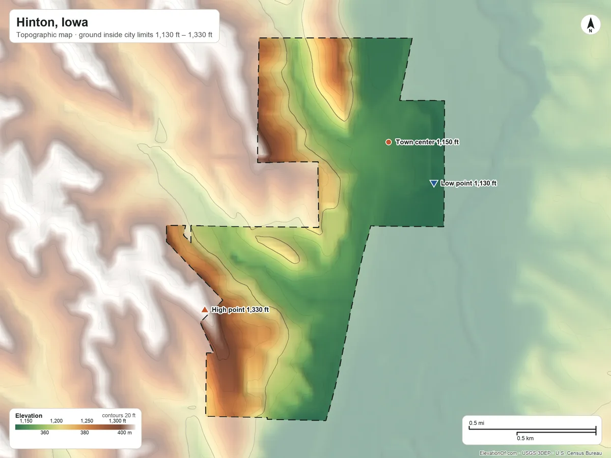 Topographic elevation map of Hinton, Iowa, shaded from 1,130 ft on the southeast side to 1,330 ft on the southwest side