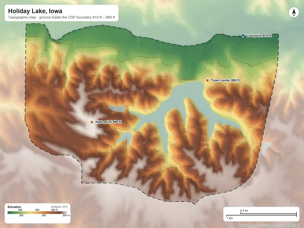 Topographic elevation map of Holiday Lake, Iowa, shaded from 810 ft on the northeast side to 990 ft on the west side