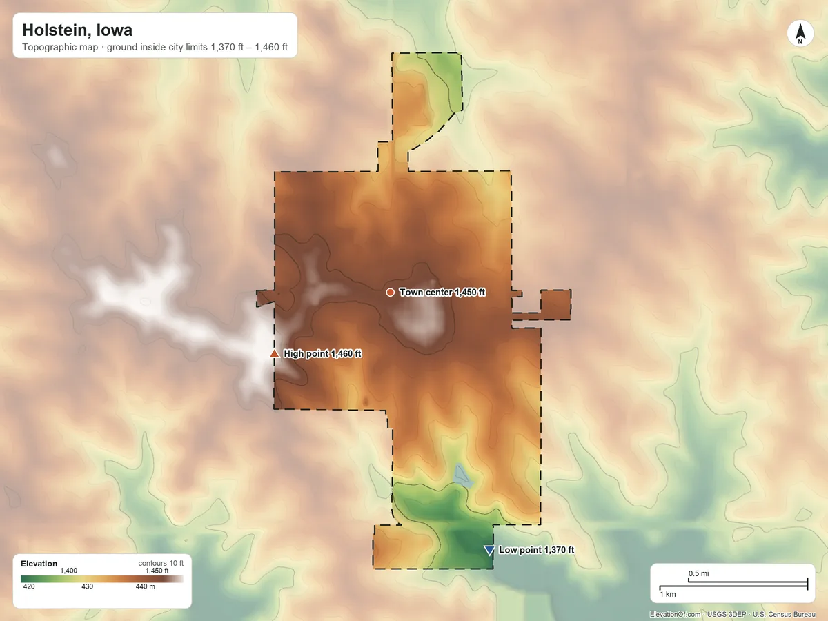 Topographic elevation map of Holstein, Iowa, shaded from 1,370 ft on the south side to 1,460 ft on the southwest side