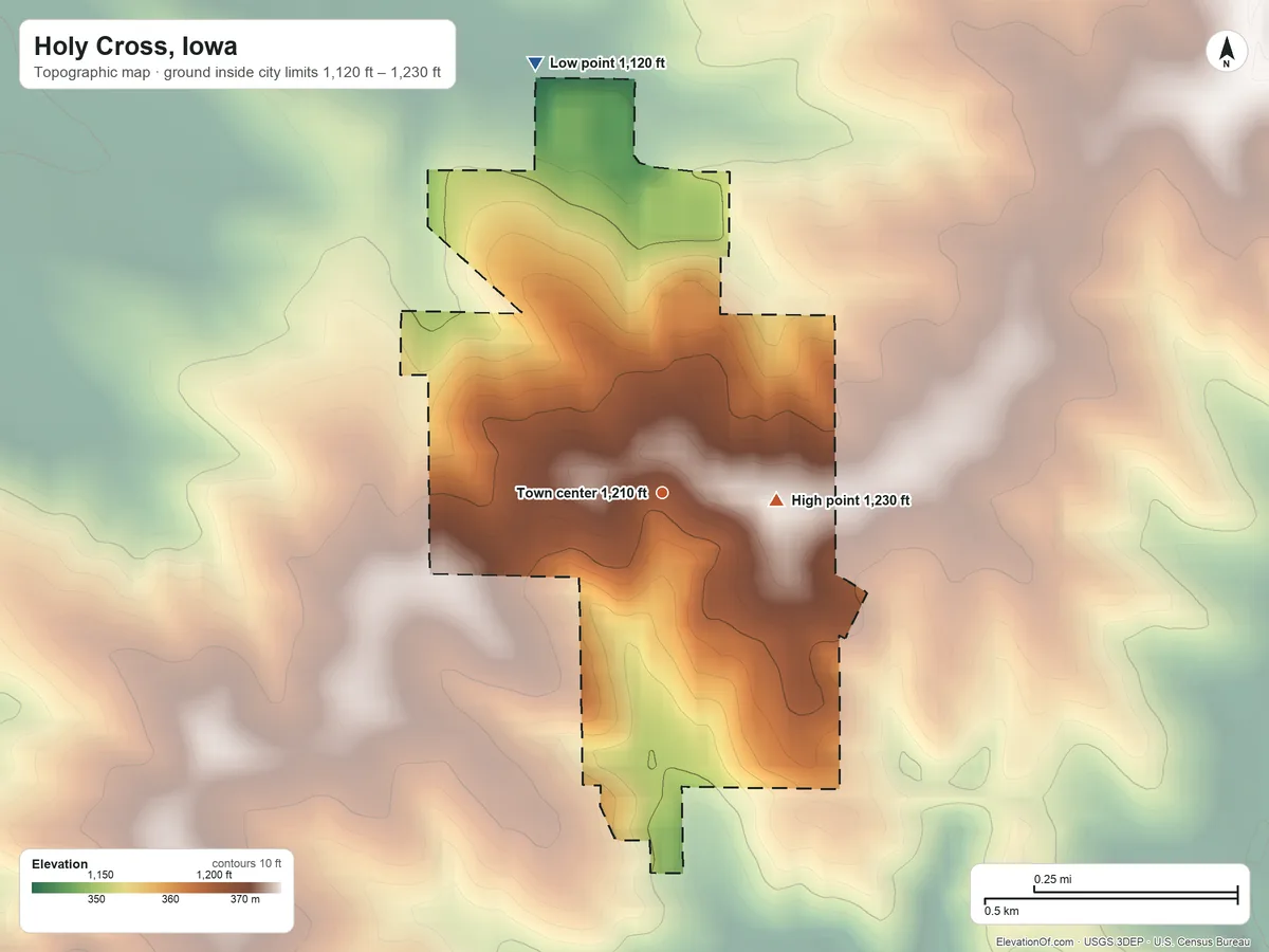 Topographic elevation map of Holy Cross, Iowa, shaded from 1,120 ft on the north side to 1,230 ft on the east side