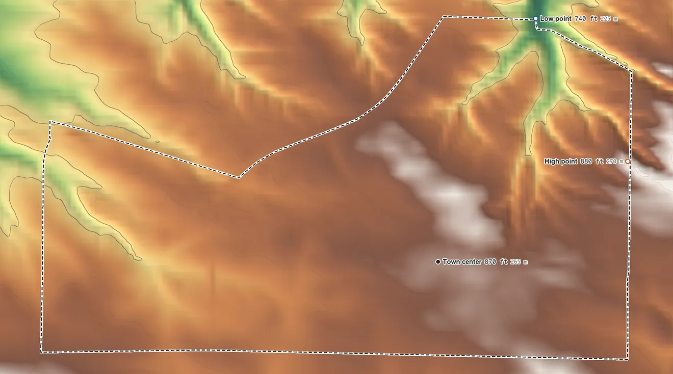 Topographic elevation map of Homestead, Iowa, shaded from 740 ft on the north side to 880 ft on the northeast side
