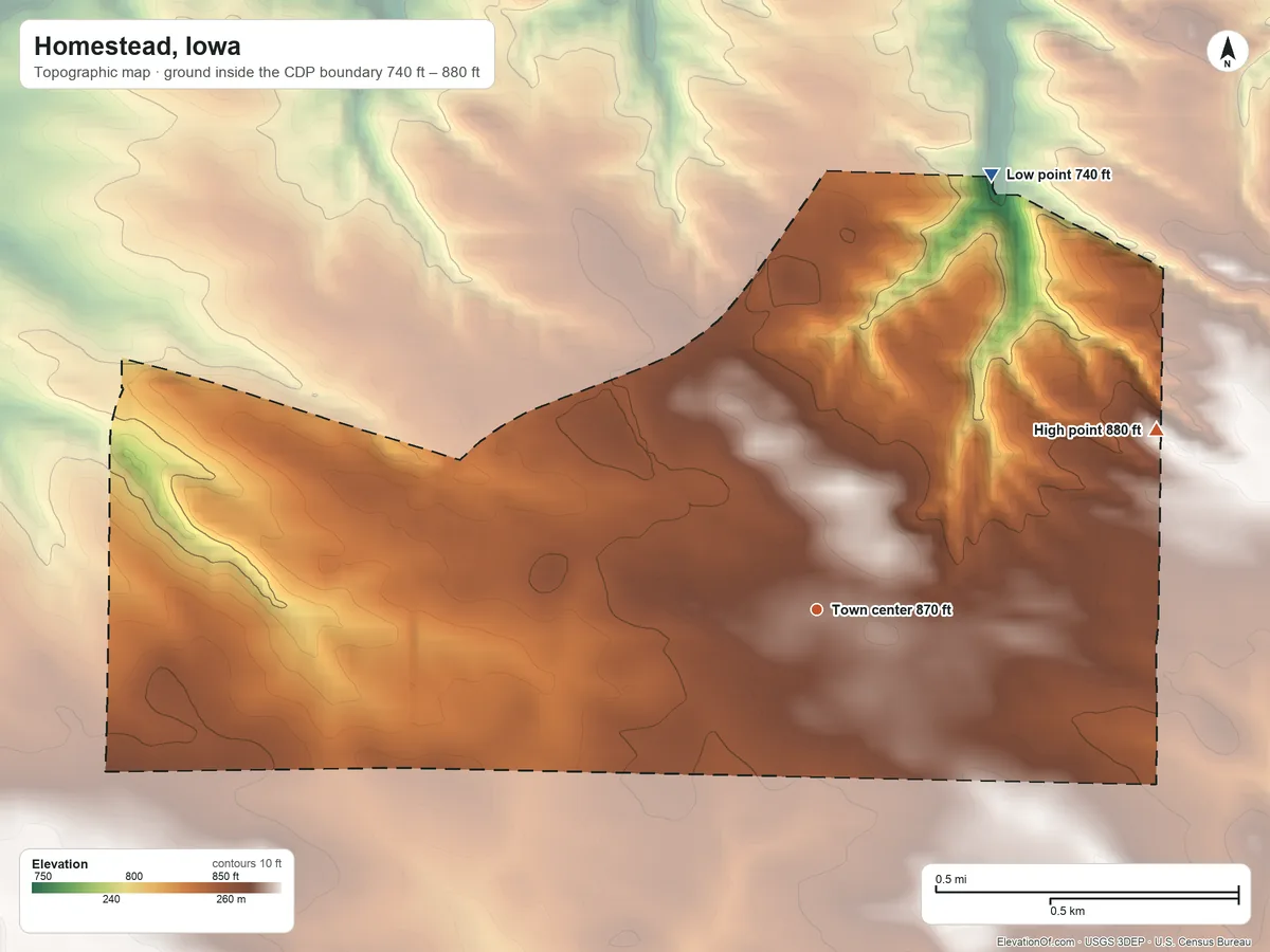 Topographic elevation map of Homestead, Iowa, shaded from 740 ft on the north side to 880 ft on the northeast side