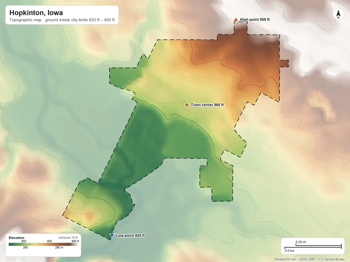 Topographic elevation map of Hopkinton, Iowa, shaded from 820 ft on the southwest side to 950 ft on the northeast side