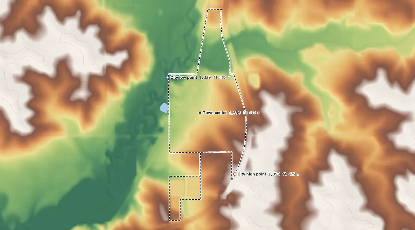 Topographic elevation map of Hospers, Iowa, shaded from 1,320 ft on the northwest side to 1,390 ft on the southeast side