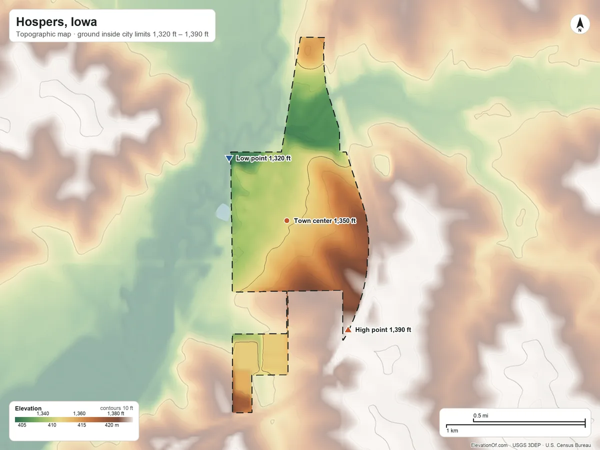 Topographic elevation map of Hospers, Iowa, shaded from 1,320 ft on the northwest side to 1,390 ft on the southeast side