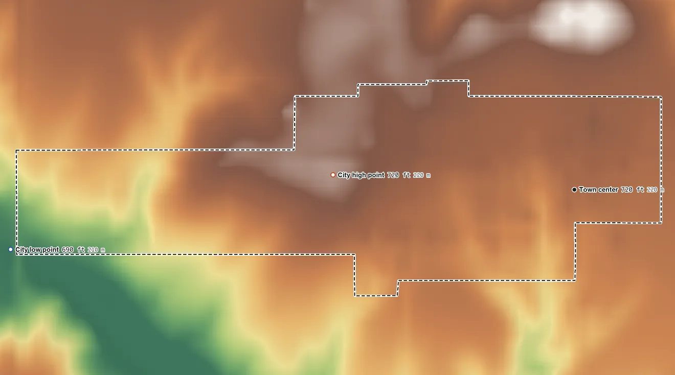 Topographic elevation map of Houghton, Iowa, shaded from 690 ft on the west side to 720 ft on the west side