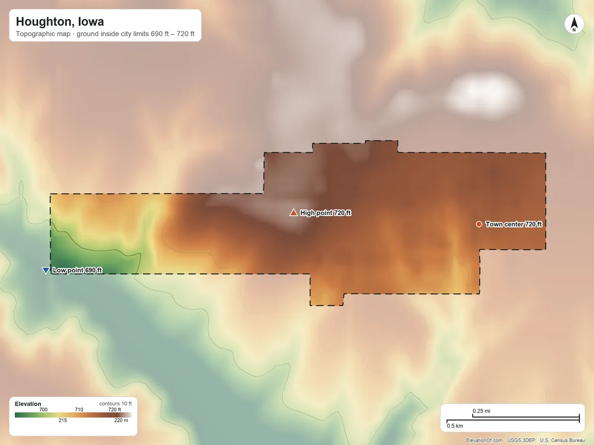 Topographic elevation map of Houghton, Iowa, shaded from 690 ft on the west side to 720 ft on the west side