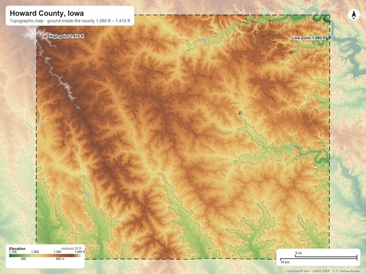 Topographic elevation map of Howard County, Iowa, shaded from 1,080 ft on the northeast side to 1,410 ft on the northwest side