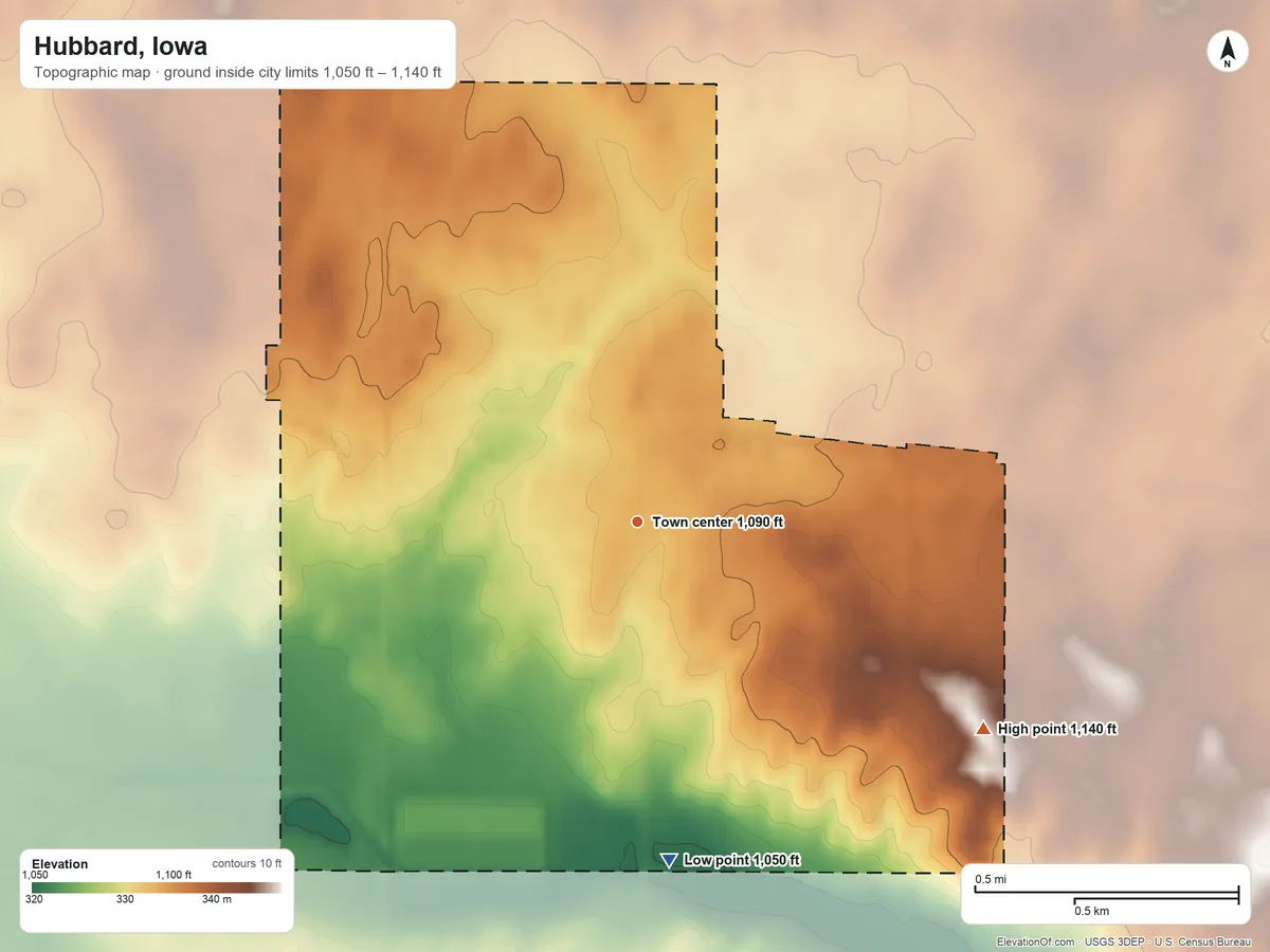 Topographic elevation map of Hubbard, Iowa, shaded from 1,050 ft on the south side to 1,140 ft on the southeast side
