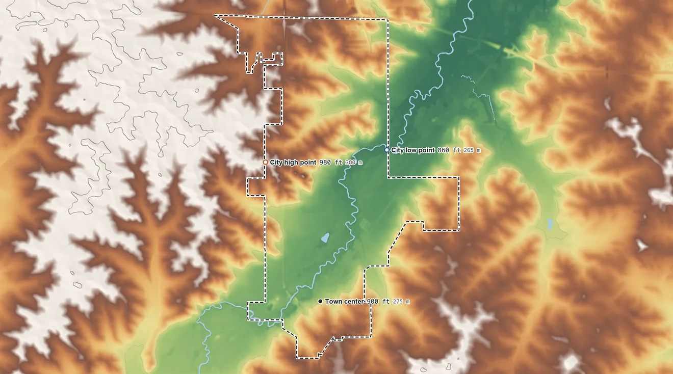 Topographic elevation map of Hudson, Iowa, shaded from 860 ft on the northeast side to 980 ft on the north side