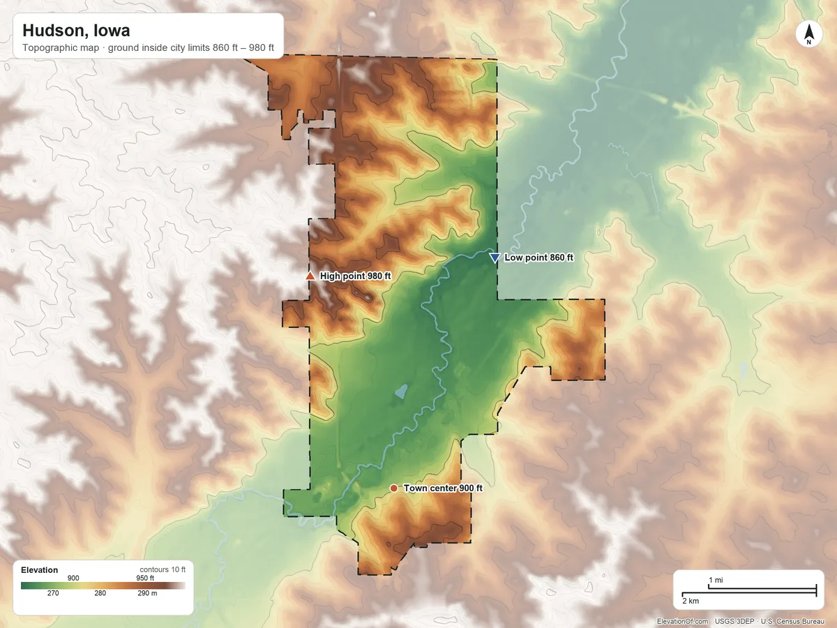 Topographic elevation map of Hudson, Iowa, shaded from 860 ft on the northeast side to 980 ft on the north side