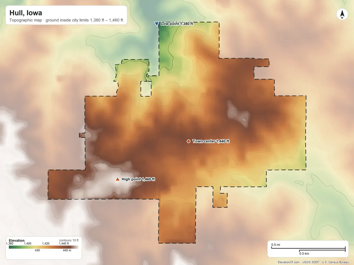 Topographic elevation map of Hull, Iowa, shaded from 1,380 ft on the north side to 1,460 ft on the southwest side