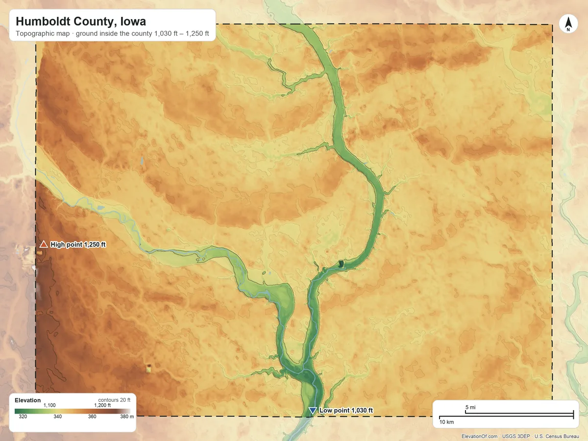 Topographic elevation map of Humboldt County, Iowa, shaded from 1,030 ft on the south side to 1,250 ft on the west side