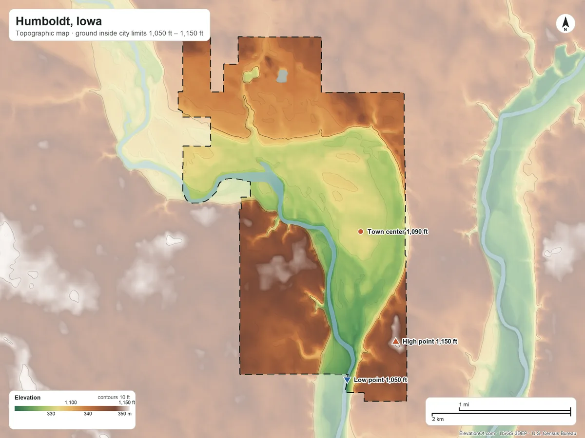 Topographic elevation map of Humboldt, Iowa, shaded from 1,050 ft on the south side to 1,150 ft on the south side