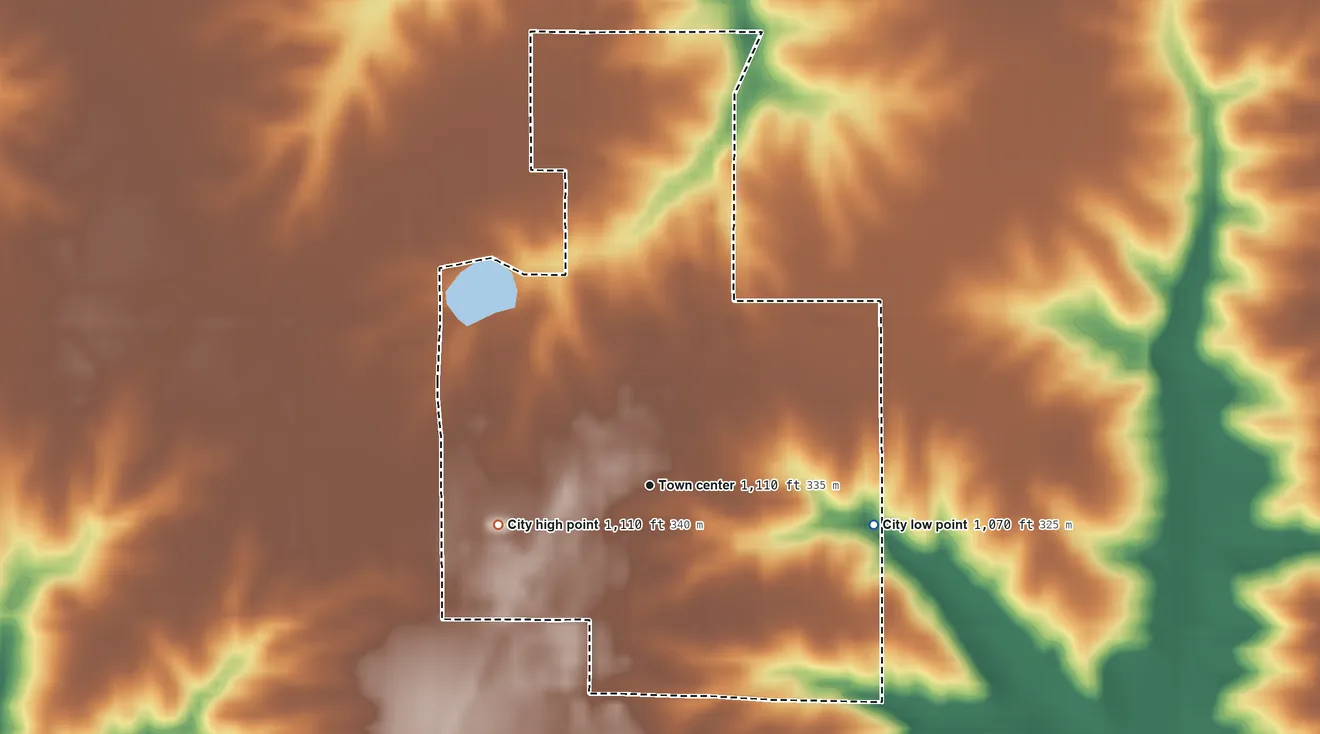 Topographic elevation map of Humeston, Iowa, shaded from 1,070 ft on the east side to 1,110 ft on the west side