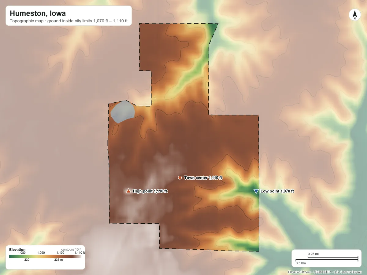 Topographic elevation map of Humeston, Iowa, shaded from 1,070 ft on the east side to 1,110 ft on the west side