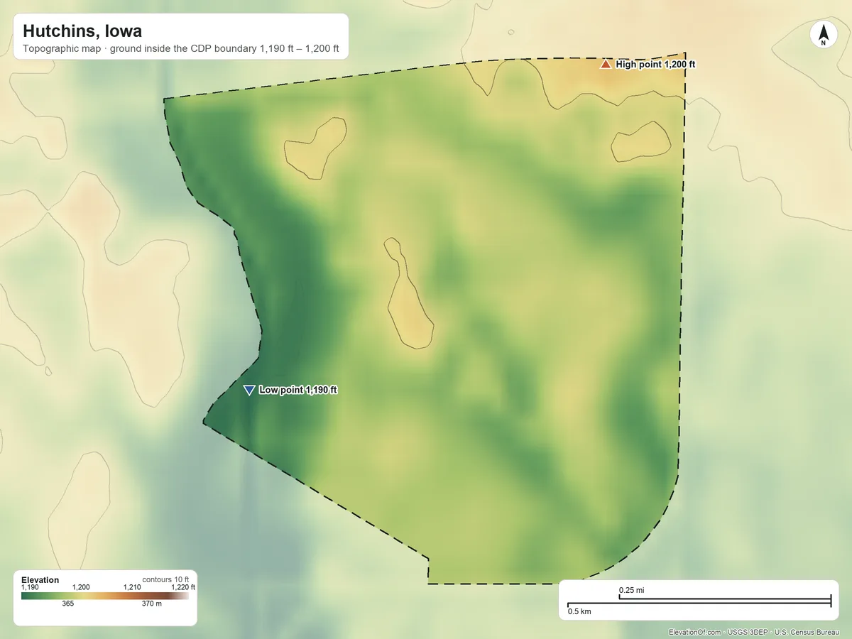 Topographic elevation map of Hutchins, Iowa, shaded from 1,190 ft on the west side to 1,200 ft on the northeast side