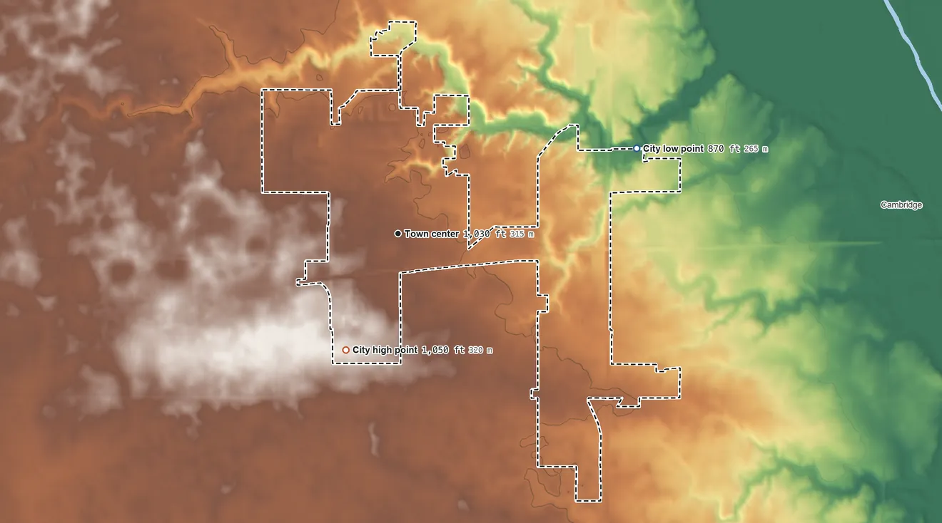 Topographic elevation map of Huxley, Iowa, shaded from 870 ft on the east side to 1,050 ft on the southwest side