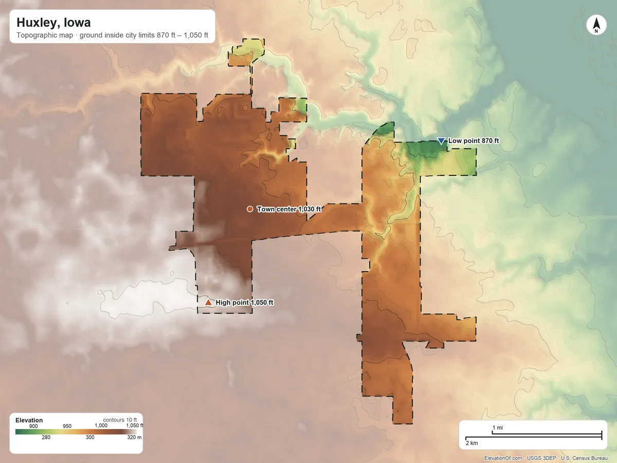 Topographic elevation map of Huxley, Iowa, shaded from 870 ft on the east side to 1,050 ft on the southwest side