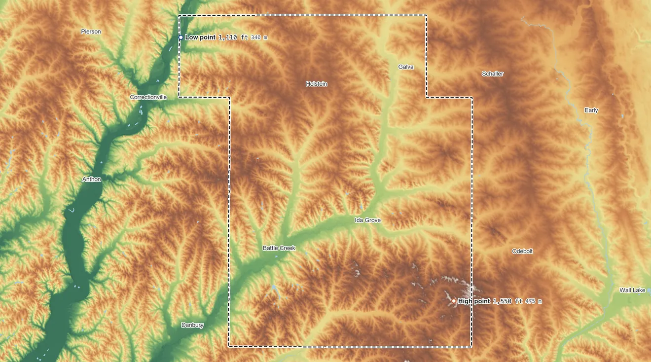 Topographic elevation map of Ida County, Iowa, shaded from 1,110 ft on the northwest side to 1,550 ft on the southeast side