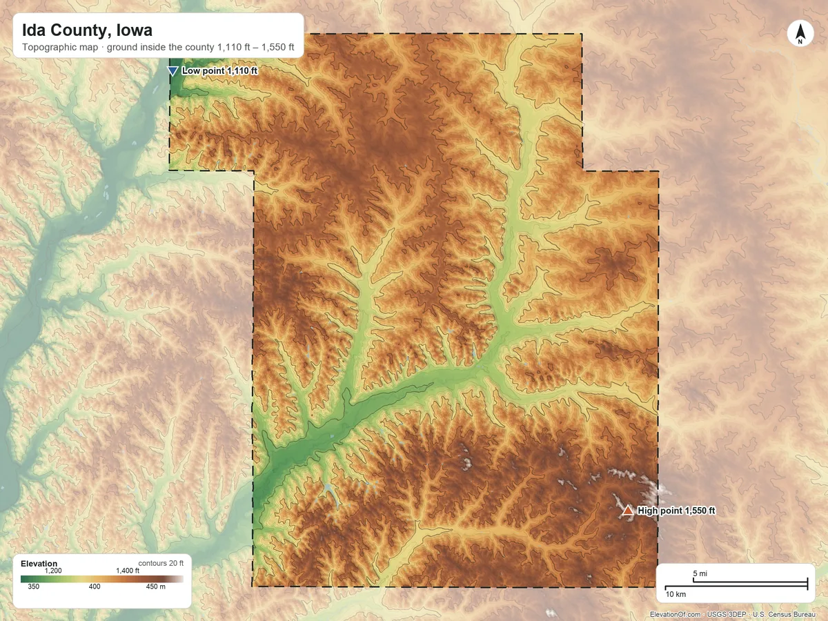 Topographic elevation map of Ida County, Iowa, shaded from 1,110 ft on the northwest side to 1,550 ft on the southeast side
