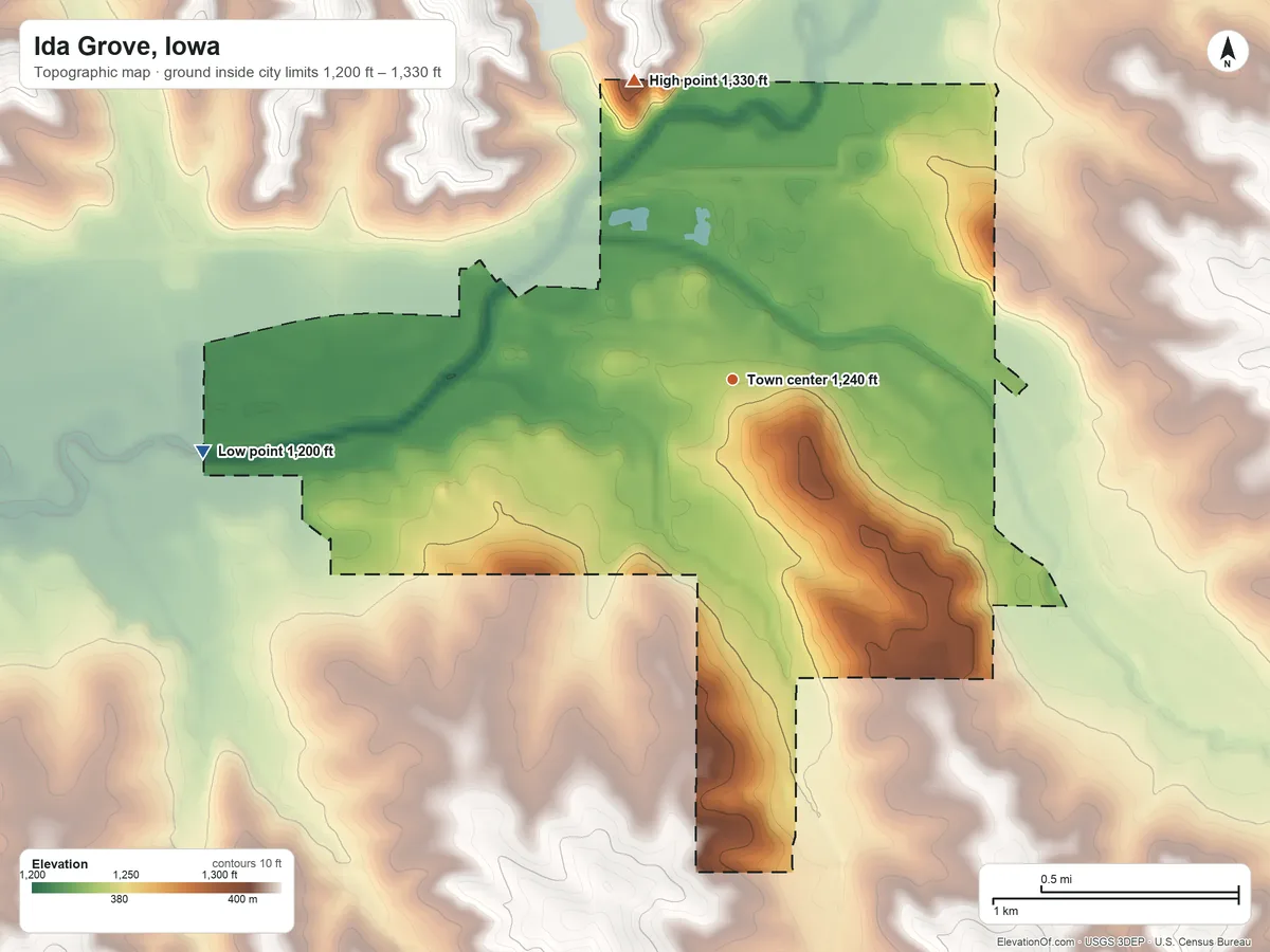 Topographic elevation map of Ida Grove, Iowa, shaded from 1,200 ft on the west side to 1,330 ft on the north side
