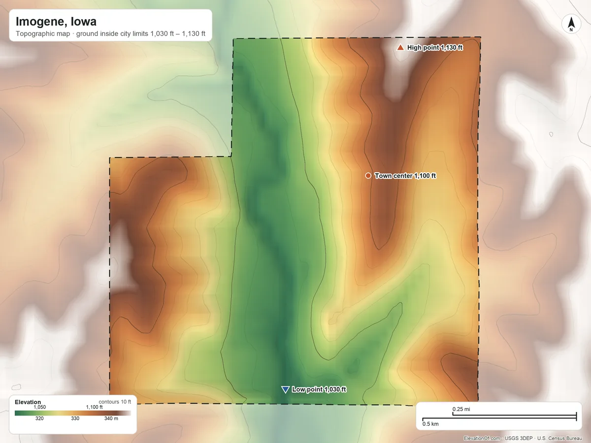 Topographic elevation map of Imogene, Iowa, shaded from 1,030 ft on the south side to 1,130 ft on the north side