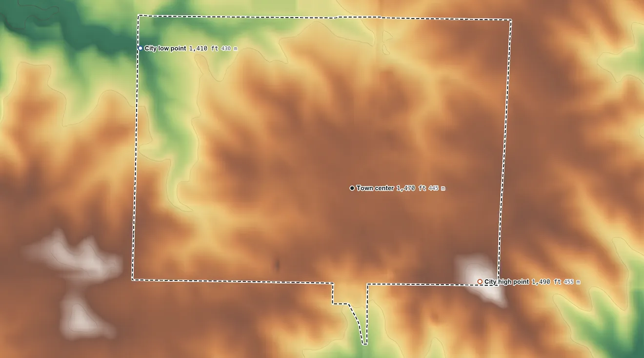 Topographic elevation map of Inwood, Iowa, shaded from 1,410 ft on the northwest side to 1,490 ft on the southeast side